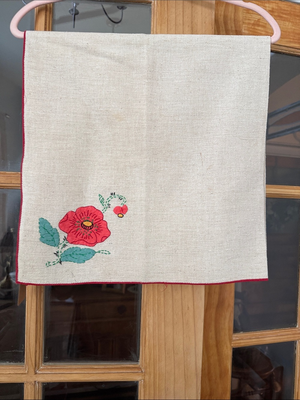 Embroidered Red Floral Linen Table scarf